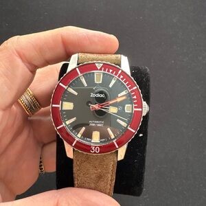 Zodiac Red Bezel Brown Strap Watch